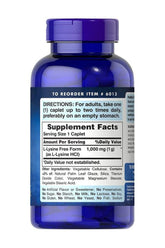 Puritan's Pride L-Lysine 1000 mg caplets bottle with supplement facts and directions for use.